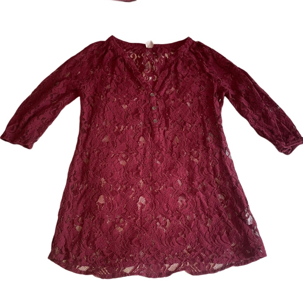 Vanity Burgundy Lace Blouse with 3/4 Sleeves